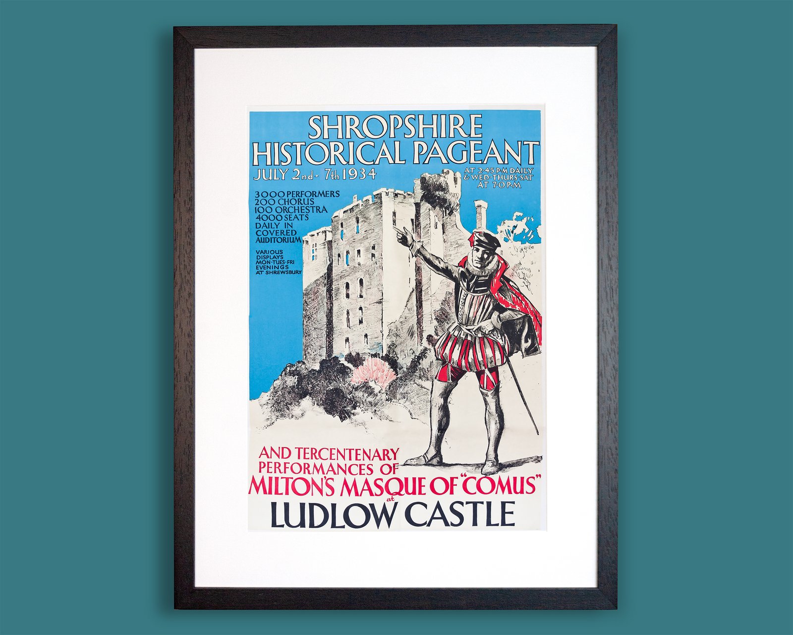 1930s Ludlow Castle Historical Pageant poster in black frame