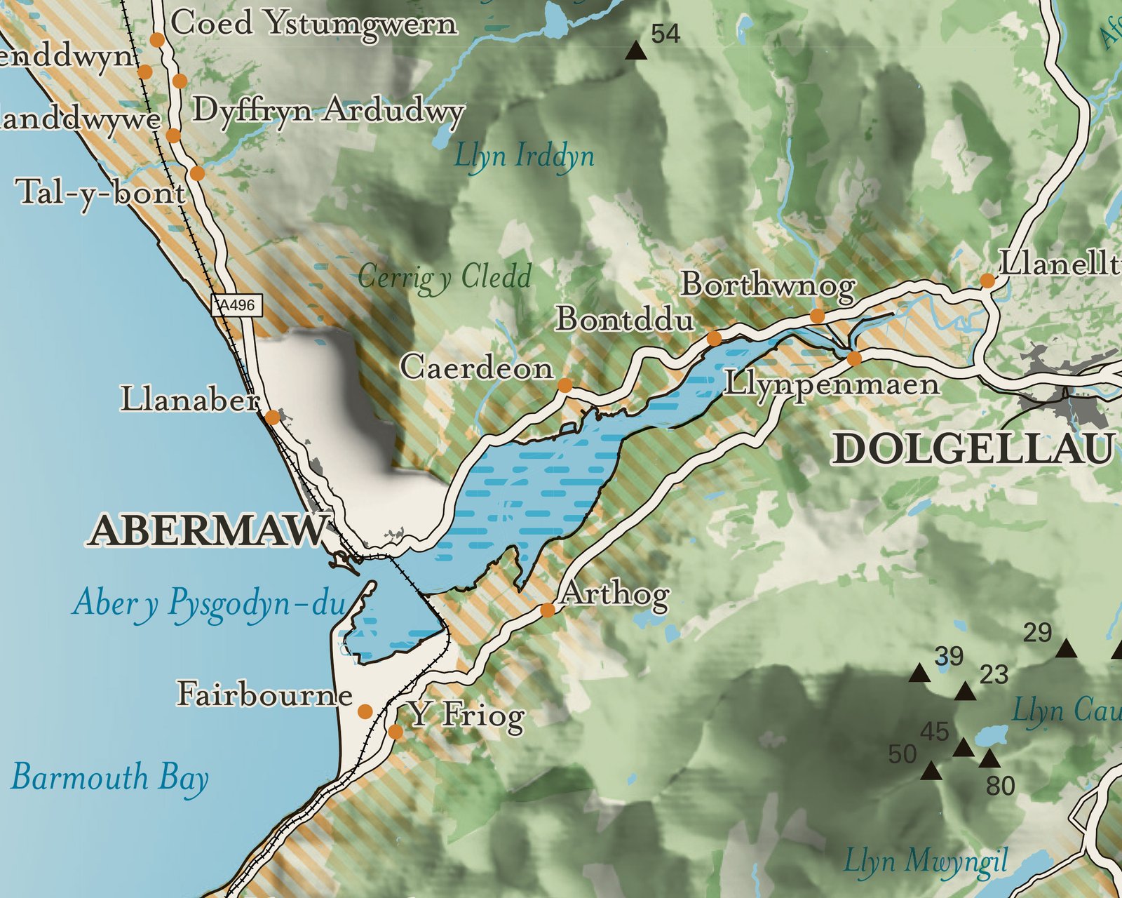 Detail of Eryri map showing the coastline