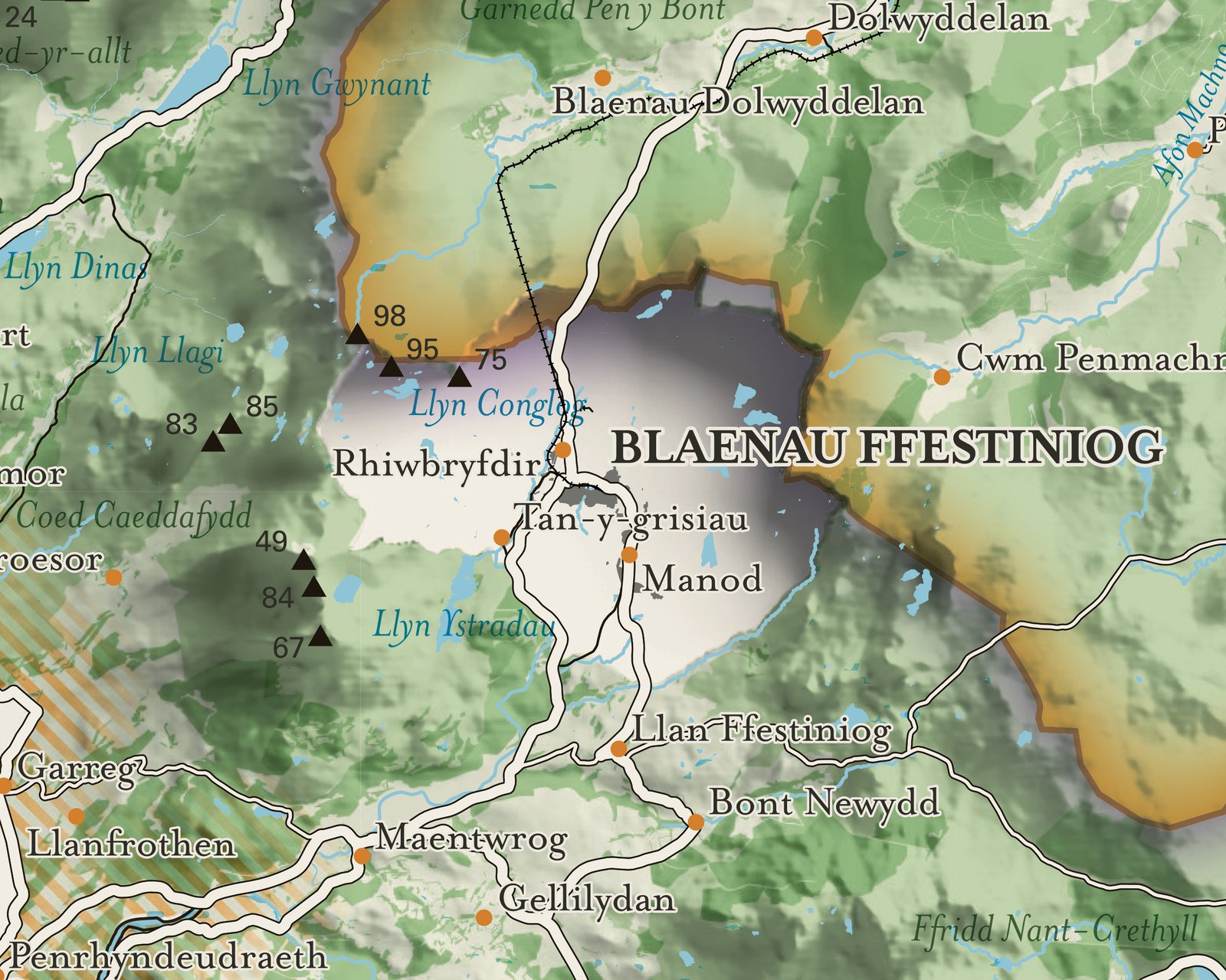 Detail of Eryri map showing Blenau Ffestiniog