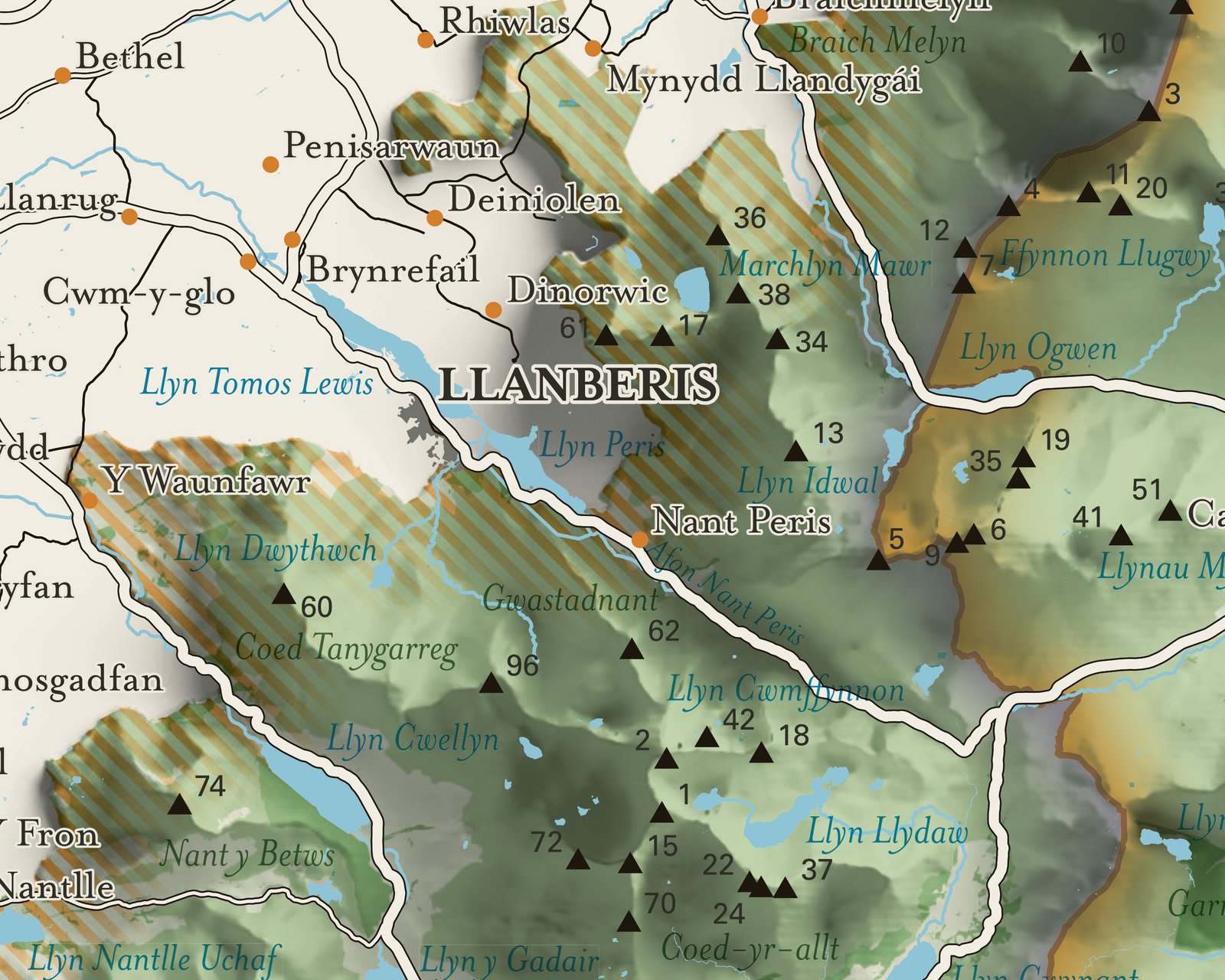 Detail of Eryri map showing Llanberis