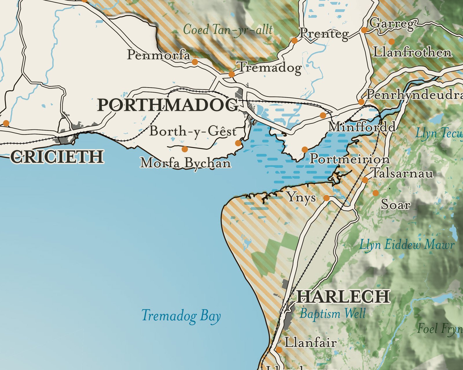 Detail of Eryri map showing the coastline
